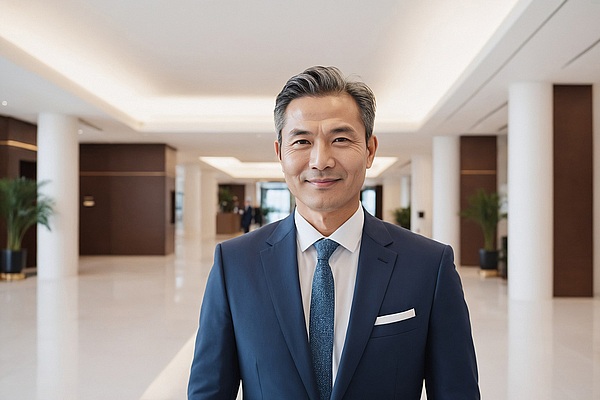 紺のスーツにネクタイをした男性ビジネスパーソン